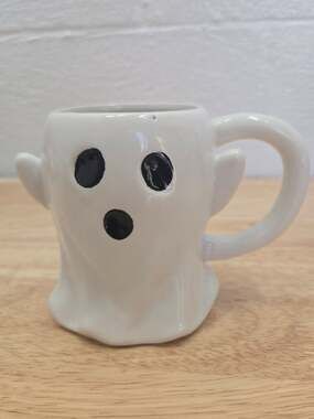 White Ceramic Ghost Mug Halloween Figural Coffee Cup Arms Handle